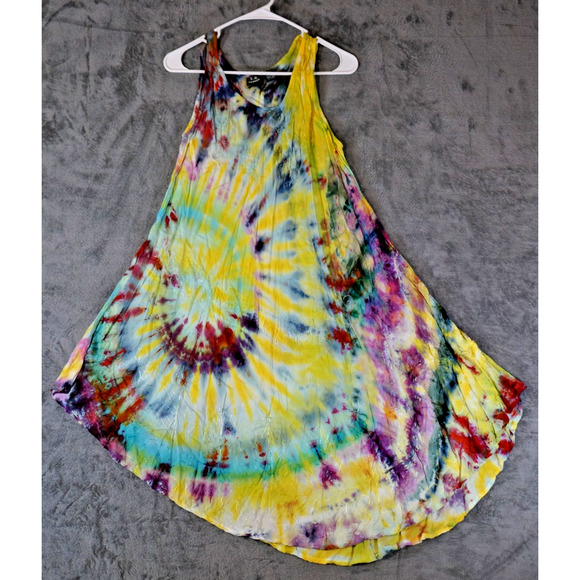 S.R. Fashion Free Size Rayon Sundress Embroidered Tie-Dye Rainbow Swirl Boho Ind - Picture 13 of 13